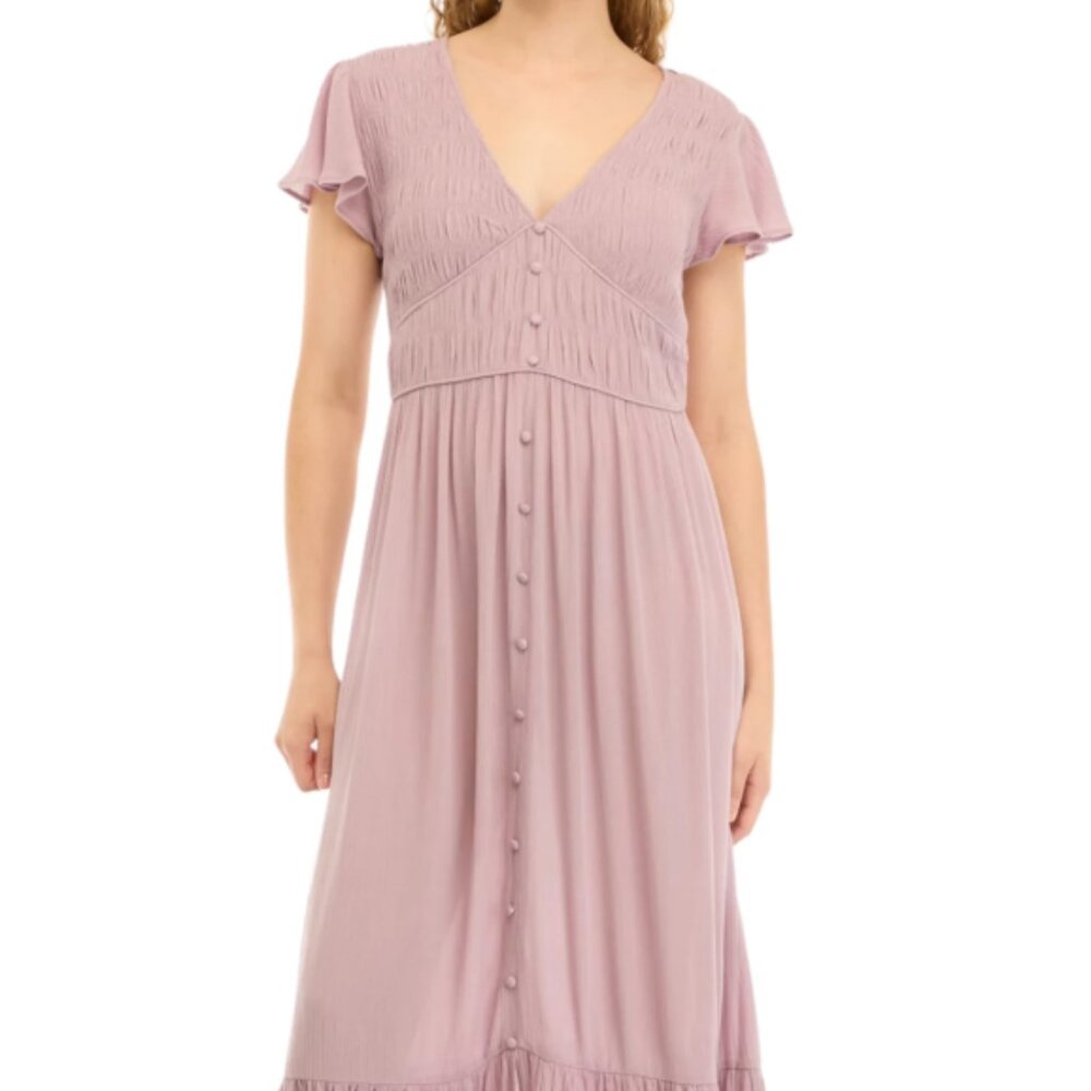 Oak & Trellis Button Front Mauve ruffle sleeve dress